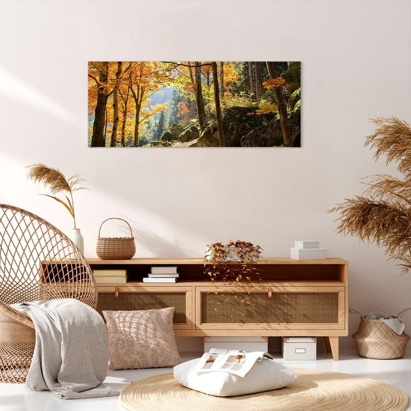 Wandbilder Dekoration Wohnzimmer Herbst berg wald natur Panorama Bilder auf Leinwand 120x50cm Leinwa