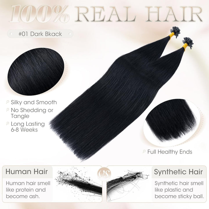 Elailite Echthaar Bonding Extensions 60cm 50g #1 Schwarz U Tip Hair Bonding Extensions Echthaar Haar