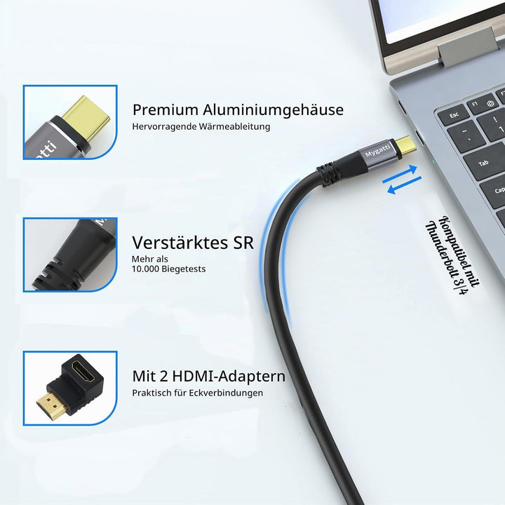 USB C auf HDMI Kabel 15 M,Typ-C auf HDMI 4K UHD(Thunderbolt 4/3 kompatibel),mit 90-Grad und 270-Grad