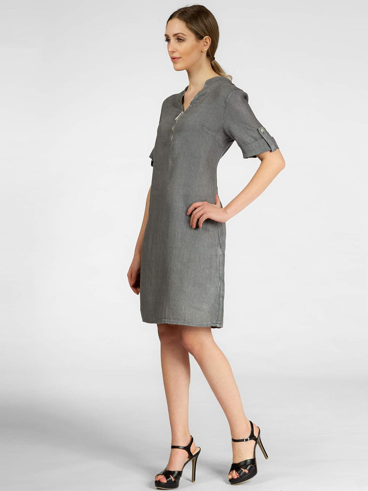Caspar SKL037 stylisches knielanges Damen Sommer Leinenkleid mit Reissverschluss Ausschnitt 36 Grau,