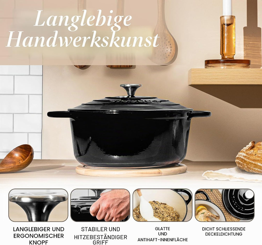 Gusseisen Dutch Oven mit Deckel – Emaille-Schmortopf mit Antihaft, Ofenfest – Schwarz, 6.1 Liter, 28