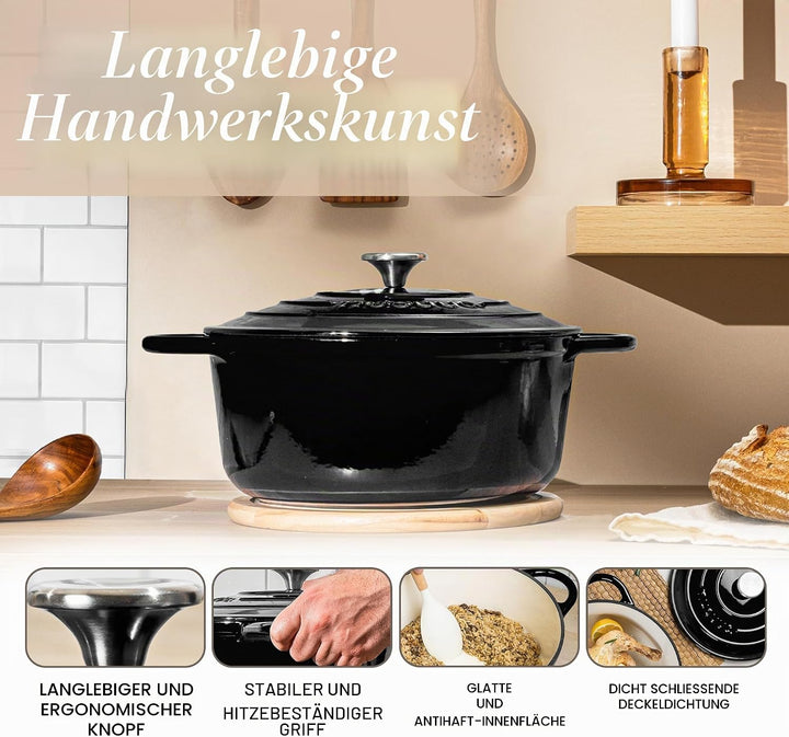 Gusseisen Dutch Oven mit Deckel – Emaille-Schmortopf mit Antihaft, Ofenfest – Schwarz, 6.1 Liter, 28