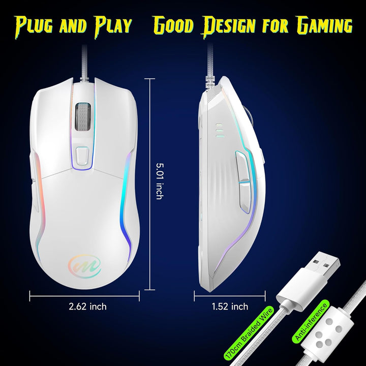 memzuoix Gaming Maus mit Kabel und LED-Lichtern – 12.800 DPI einstellbar, 6 Tasten, 12 RGB-Modi, Erg