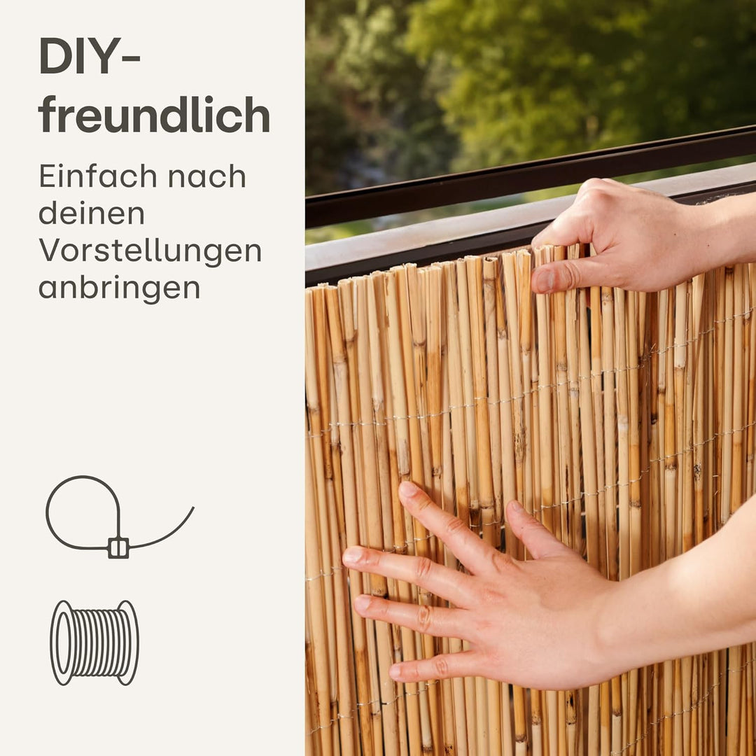 Praknu Schilf Balkon Sichtschutz Holz 100 x 300cm - FSC® Zertifiziertes Natürliches Schilf - Einsetz