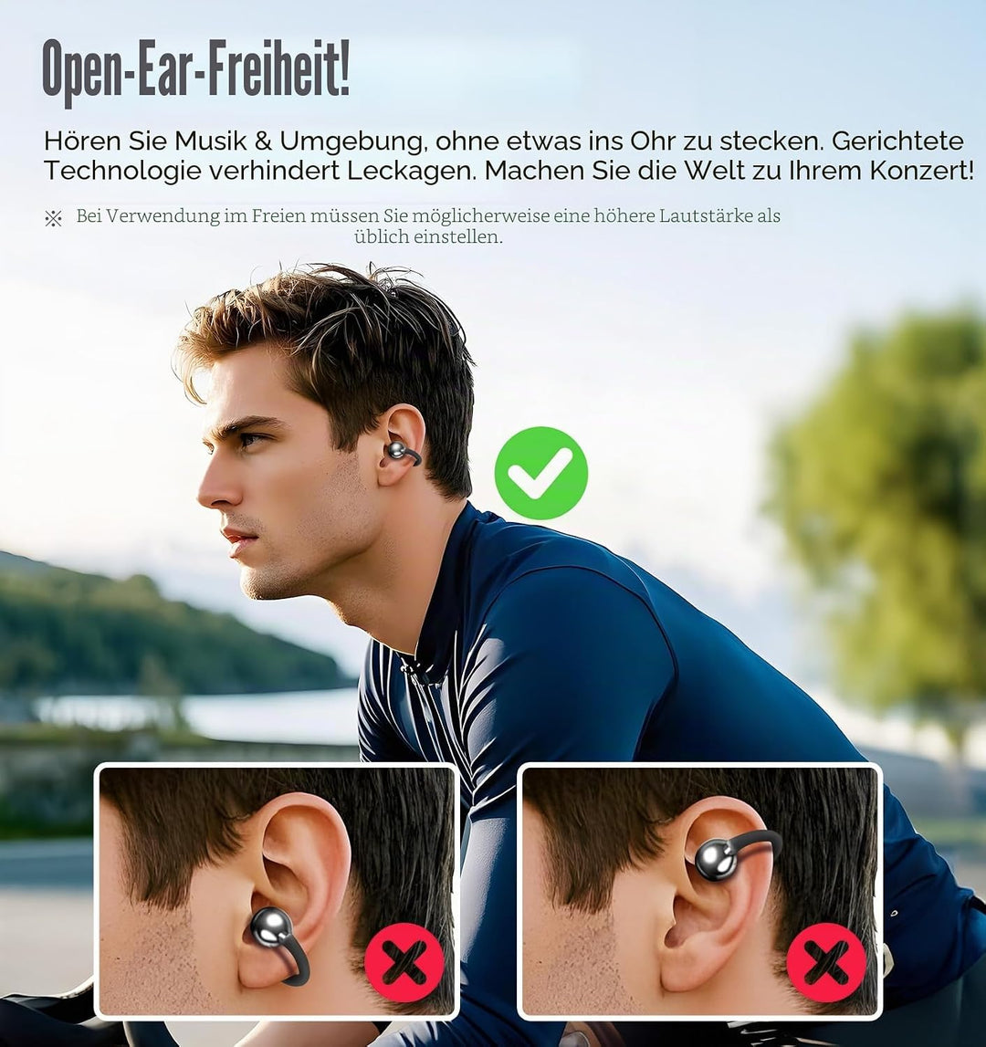 King Lucky Open-Ear-Kopfhörer Kabellos Bluetooth 6.0–Clip-On-Ohrhörer mit Mikrofon,50h Spielzeit,ENC