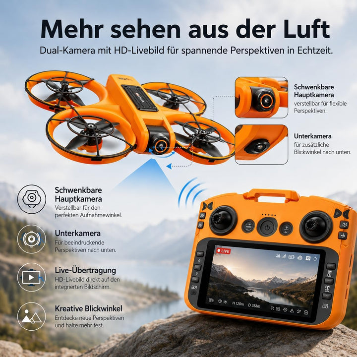 Drohne mit Kamera & Display Fernbedienung, Brushless Motor, Dual Kamera 90° verstellbar, FPV Live-Üb