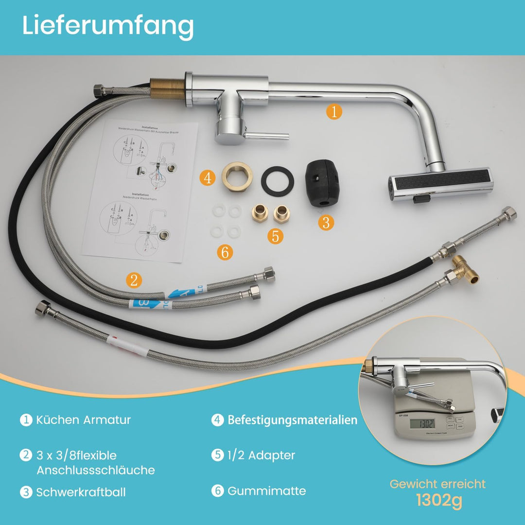 Niederdruck Armatur Küche Ausziehbar,Chrome Edelstahl,Wasserhahn Küchenarmatur mit 3 Anschluessen fü
