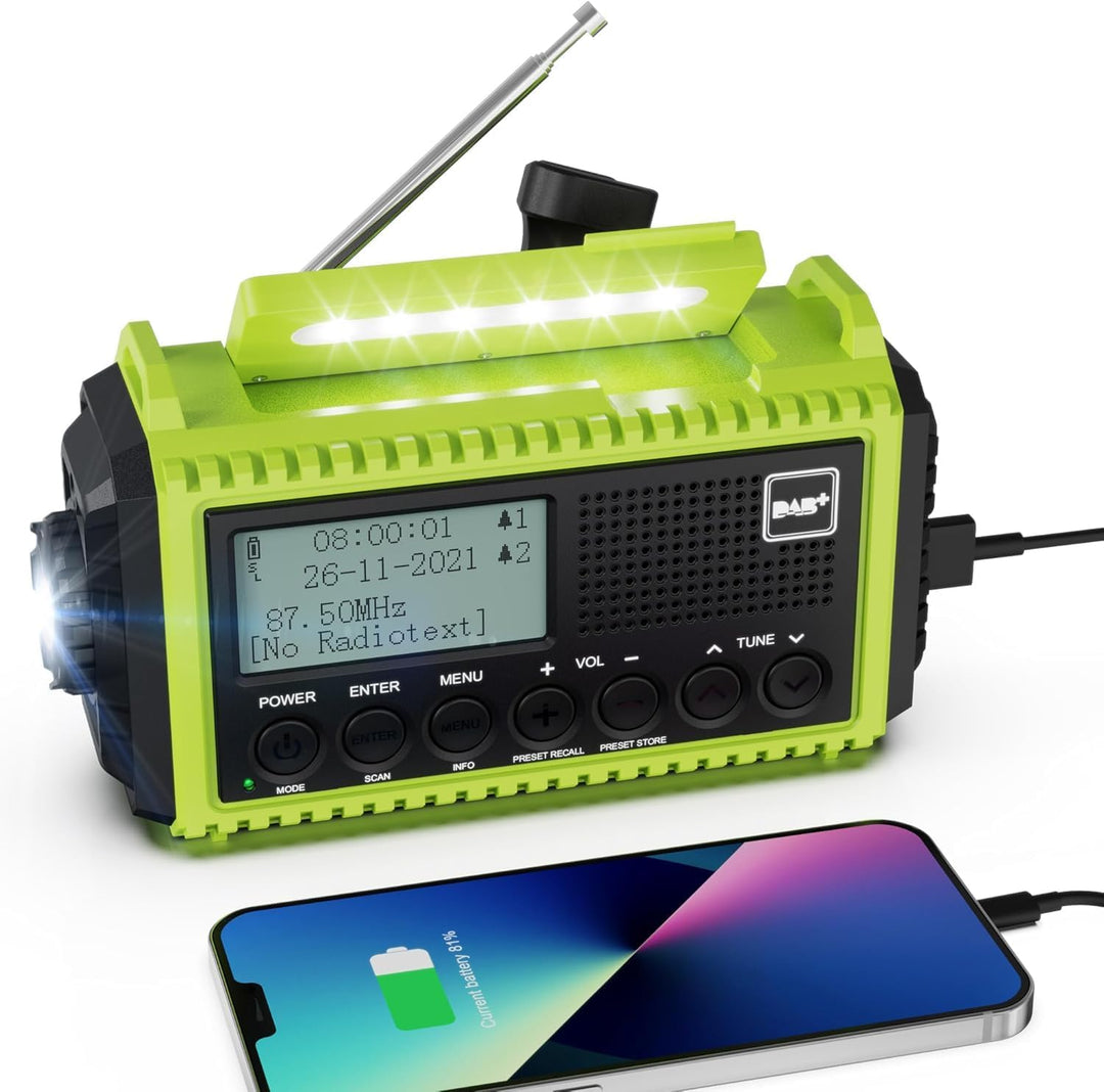 Kurbelradio DAB/UKW mit Akku 5000mAh, Tragbare Solar Radio mit LED Taschenlampe & Leselicht, DAB+ Ba