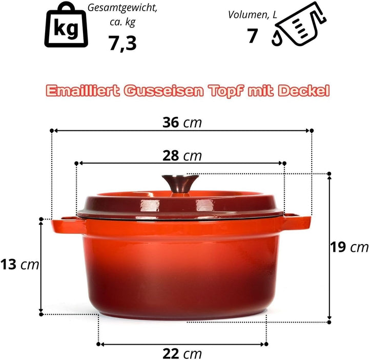 Ø28cm 7L Emailliert Gusseisen Topf Bräter Dutch Oven backofengeeignet mit Deckel - für Braten Küche