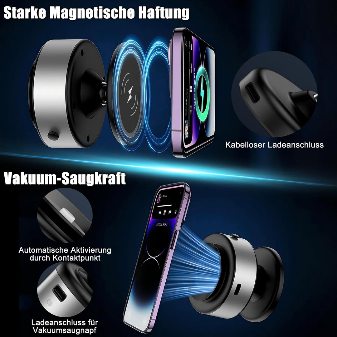 15W Wireless Charger Handyhalterung Auto – Magnetisch mit Elektrischem Vakuum-Saugfuss, 360° Kugelge