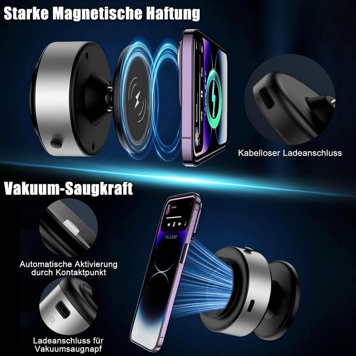 15W Wireless Charger Handyhalterung Auto – Magnetisch mit Elektrischem Vakuum-Saugfuss, 360° Kugelge