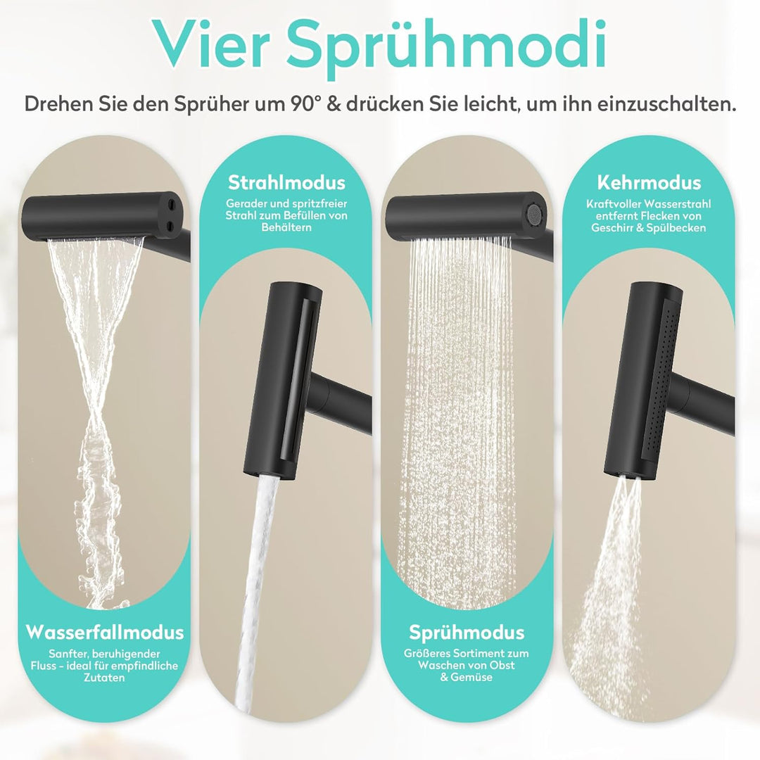 KAIYING Wasserhahn Küche Ausziehbar mit Temperaturanzeige (Batterielos), Hochdruck Wasserfall Küchen