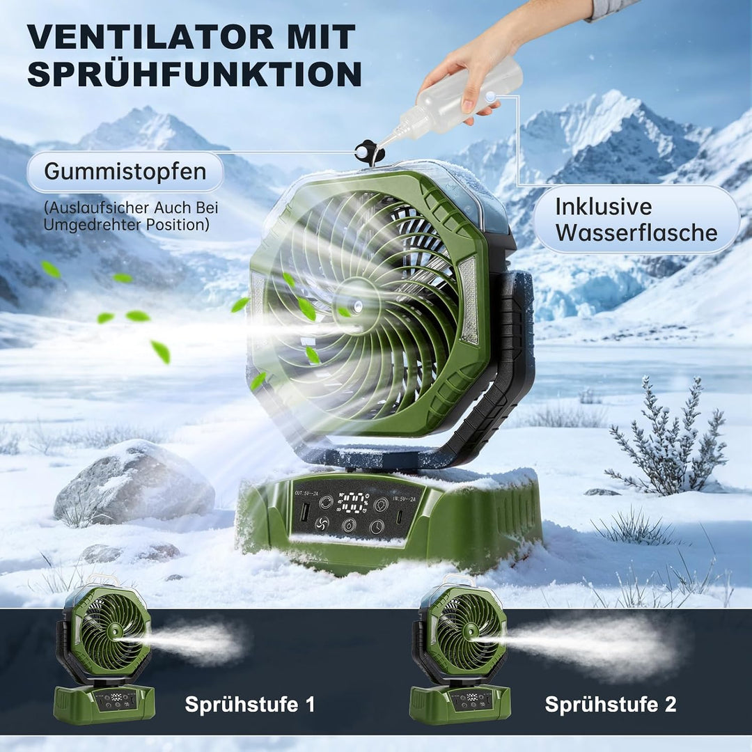 JONRRYIN Camping Ventilator, 20000mAh Akku Ventilator mit Sprühfunktion &amp; USB, Tischventilator mit 3