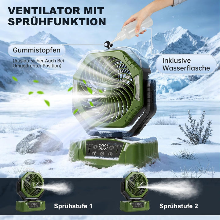 JONRRYIN Camping Ventilator, 20000mAh Akku Ventilator mit Sprühfunktion &amp; USB, Tischventilator mit 3