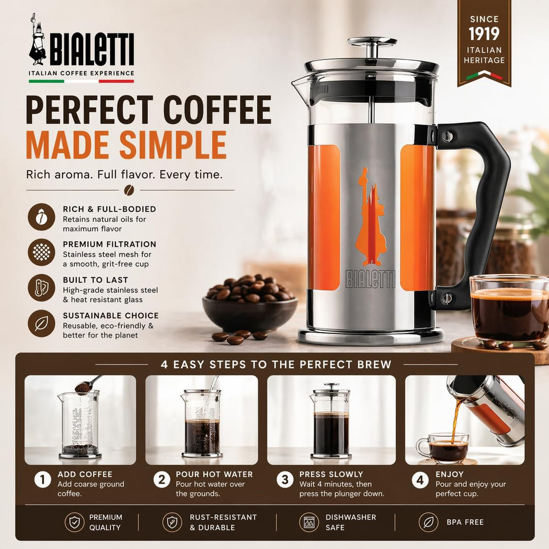 Bialetti Kaffeepresse Preziosa, French Press Filter für Kaffee oder Tee, Gehäuse aus Edelstahl und B
