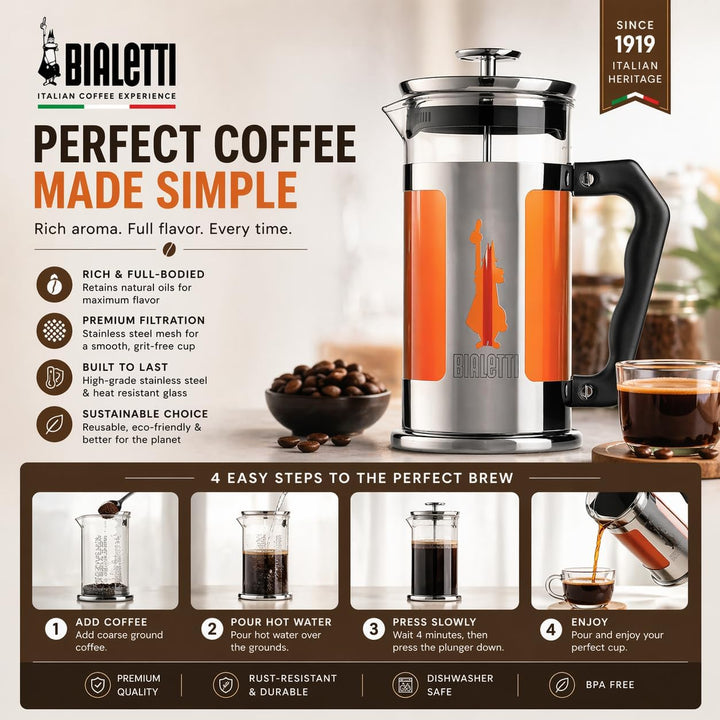 Bialetti Kaffeepresse Preziosa, French Press Filter für Kaffee oder Tee, Gehäuse aus Edelstahl und B
