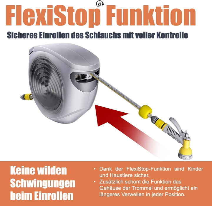 FANZTOOL 35m Schlauchtrommel Set mit Wandhalterung Inkl. 8-Funktionen-Multi-Handbrause | Automatik E
