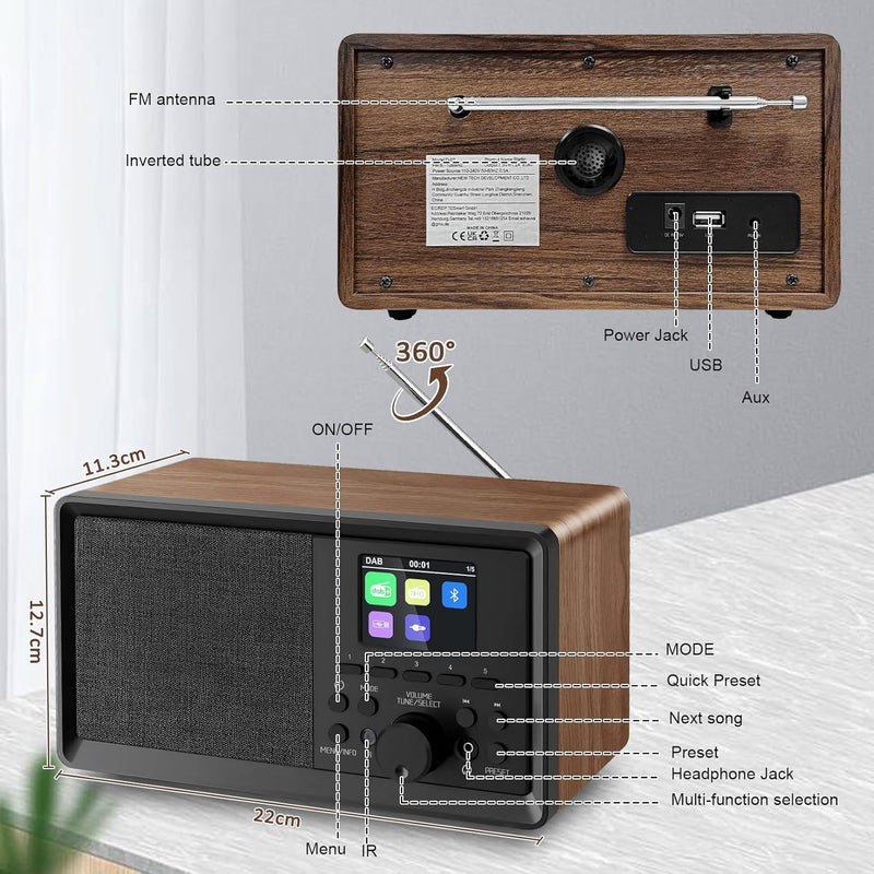 Sentasi DAB Radio/DAB+ mit Bluetooth 5.0 FM-Digitalradio Nostalgieradios Tragbarer Holz Retro Radio
