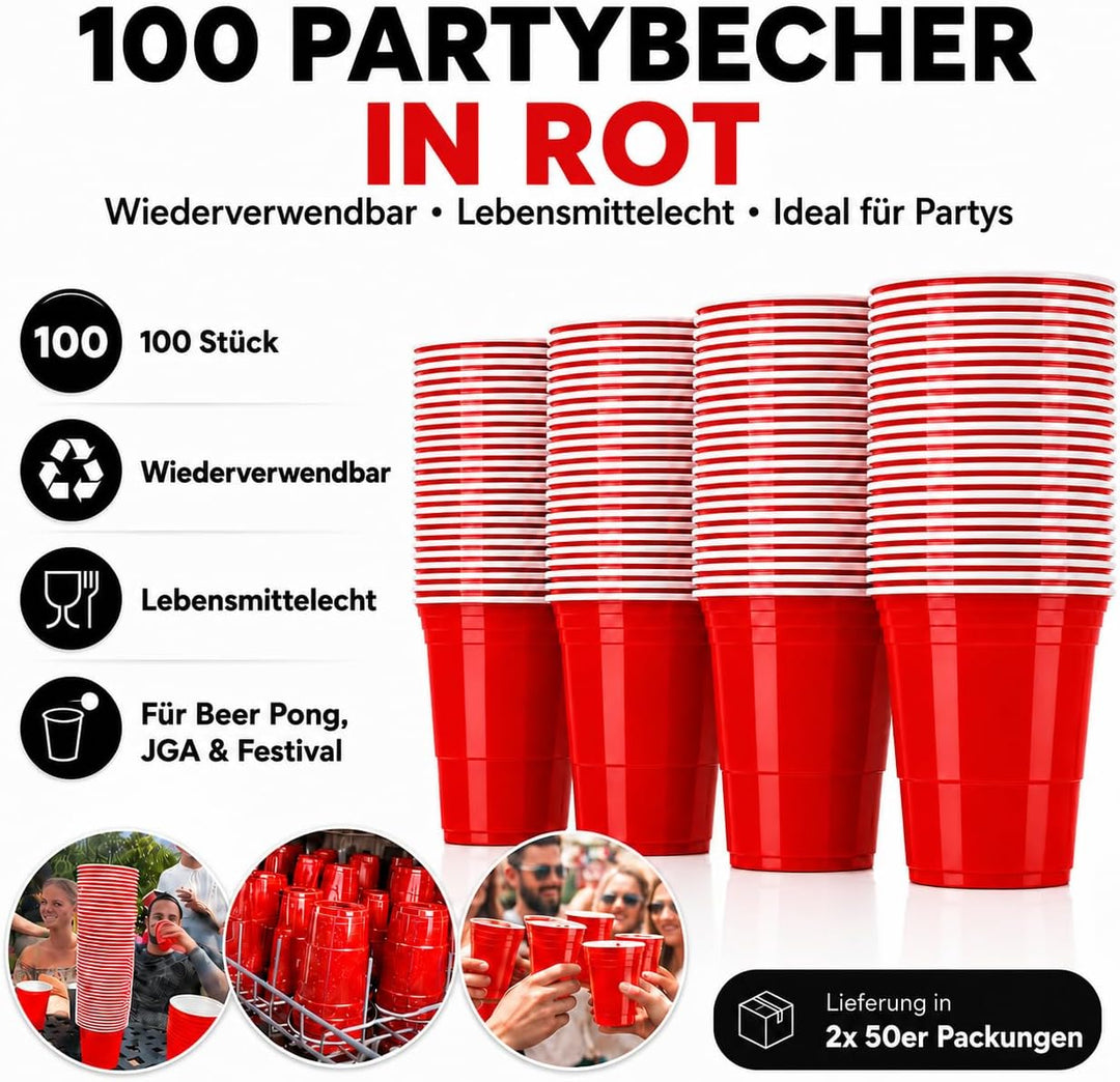 MYBEERPONG® Rotes Bierpong Becher Set | 100 Red Cups + 6 Beer Pong Bälle | 16 oz (~ 0,5 l) | Party B