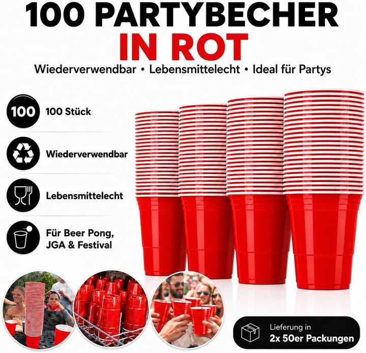MYBEERPONG® Rotes Bierpong Becher Set | 100 Red Cups + 6 Beer Pong Bälle | 16 oz (~ 0,5 l) | Party B