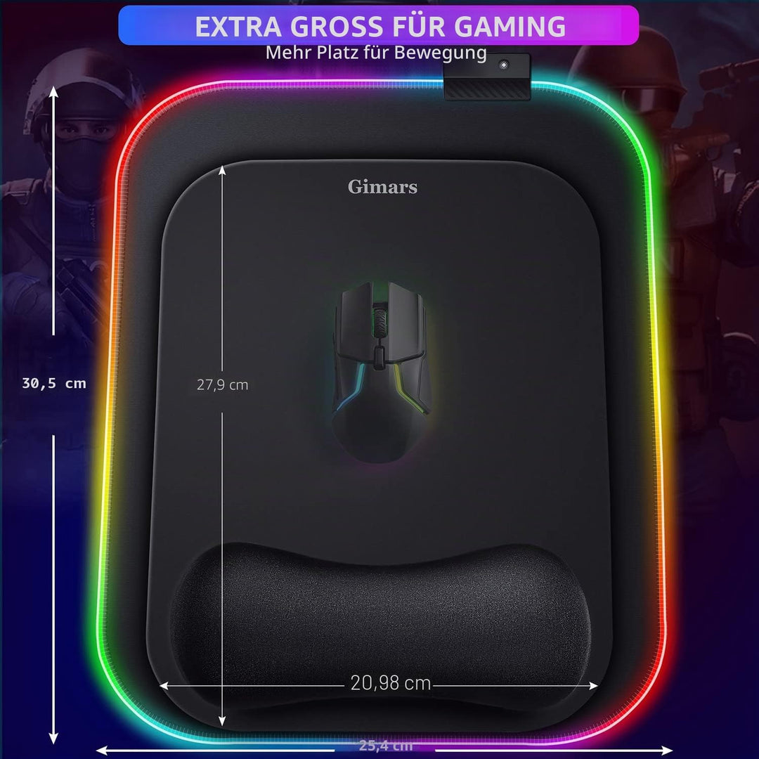 Gimars RGB Mauspad Gaming mit Handauflage, 305x254mm Grosses Gelkissen Mouspad mit 10 LED-Beleuchtun