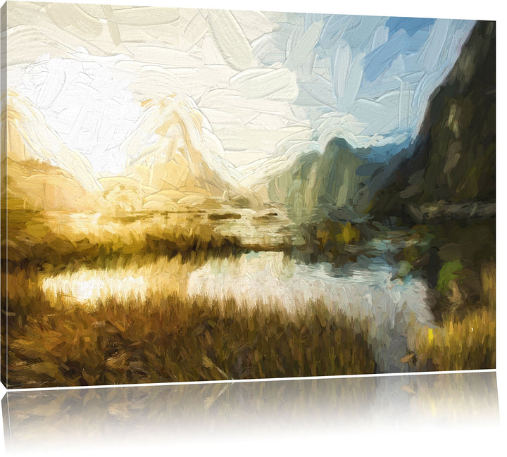 Pixxprint Milford Sound Neuseeland Kunst Pinsel Effekt, Format: 100x70 auf Leinwand, 100x70
