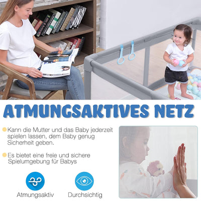 NAIZY Baby Laufstall L Laufgitter Grau Absperrgitter mit Rutschfester Basis und Atmungsaktivem Netz