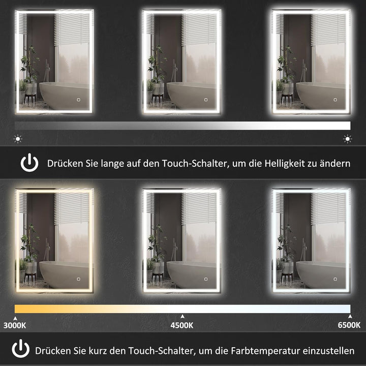 HOMCOM Badspiegel mit Beleuchtung 90x70 cm LED Spiegel Wandspiegel mit Memory-Funktion 3 Lichtfarben