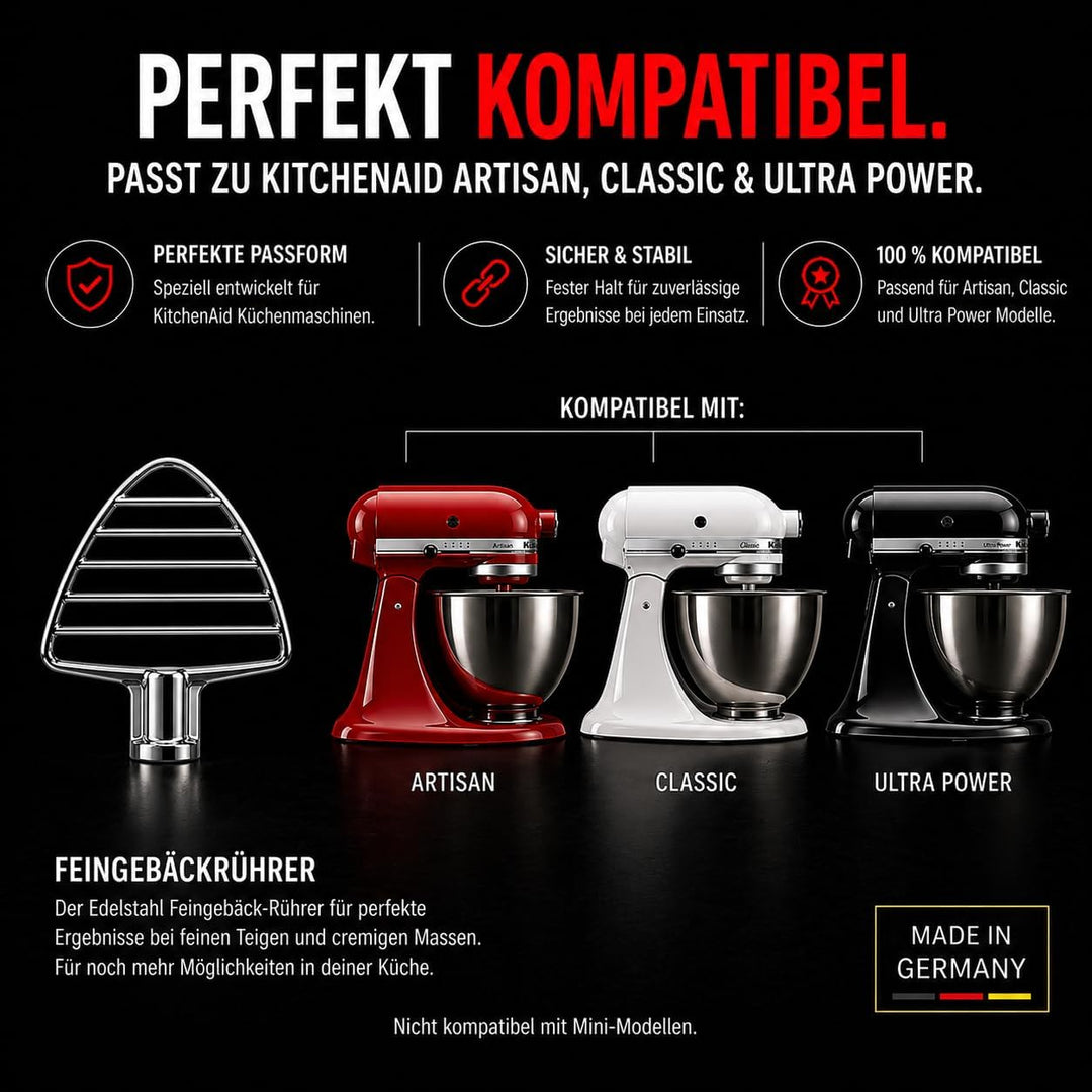 Edelstahl Feingebäck-Rührer für alle KitchenAid Küchenmaschinen mit kippbaren Motorkopf Zubehör