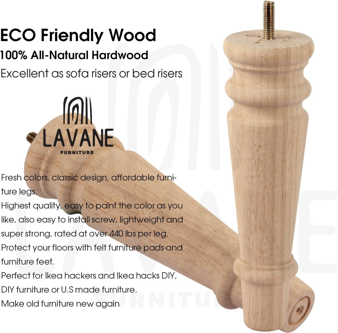 LA VANE 4 Stück Möbelfüsse aus Massivholz - 20cm Höhe, Unlackiert, Spindelform mit M8 Bolzen & Monta