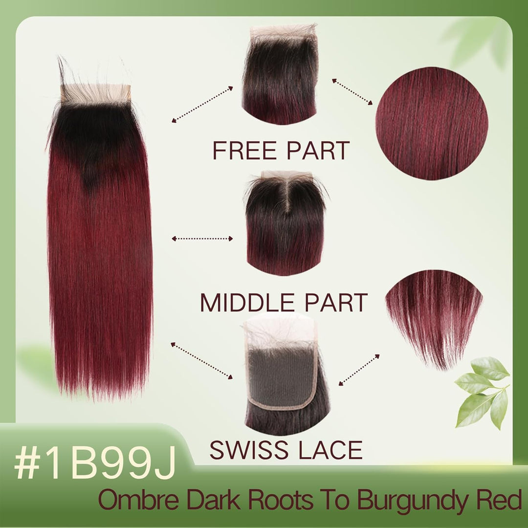 Brazilian Ombre 1B99J Straight 4X4 Lace Closure 100% Unprocessed Human Virgin Hair Red Wine Pre-Pluc