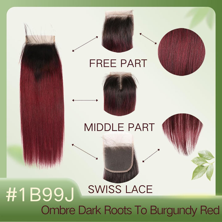 Brazilian Ombre 1B99J Straight 4X4 Lace Closure 100% Unprocessed Human Virgin Hair Red Wine Pre-Pluc