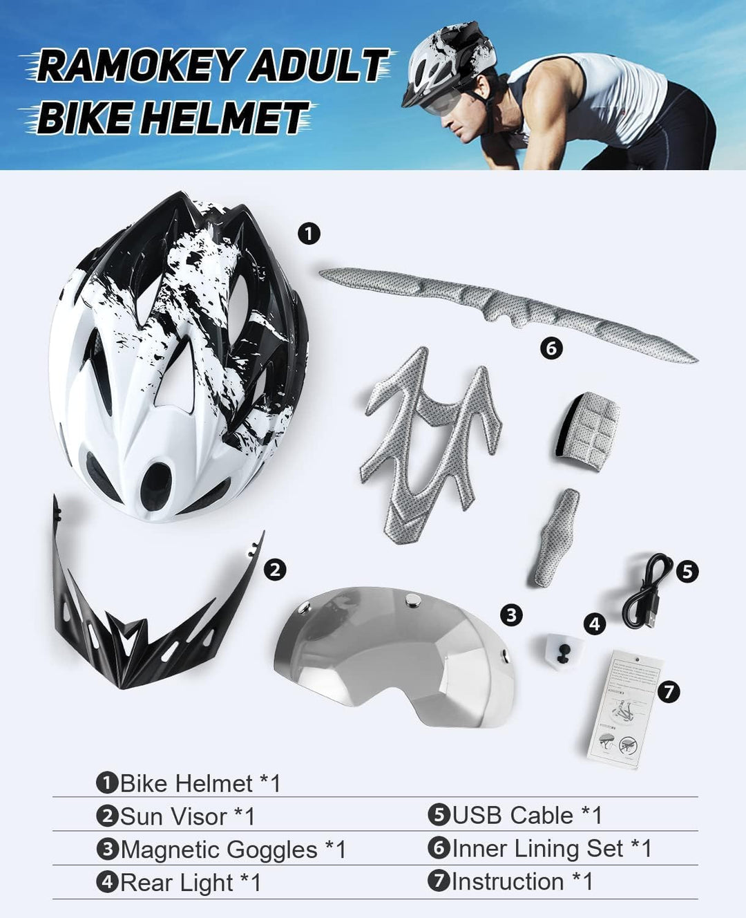 RaMokey Fahrradhelm mit Licht für hohe Sicherheit, Fahrradhelm Herren Damen mit Abnehmbarer Magnetis