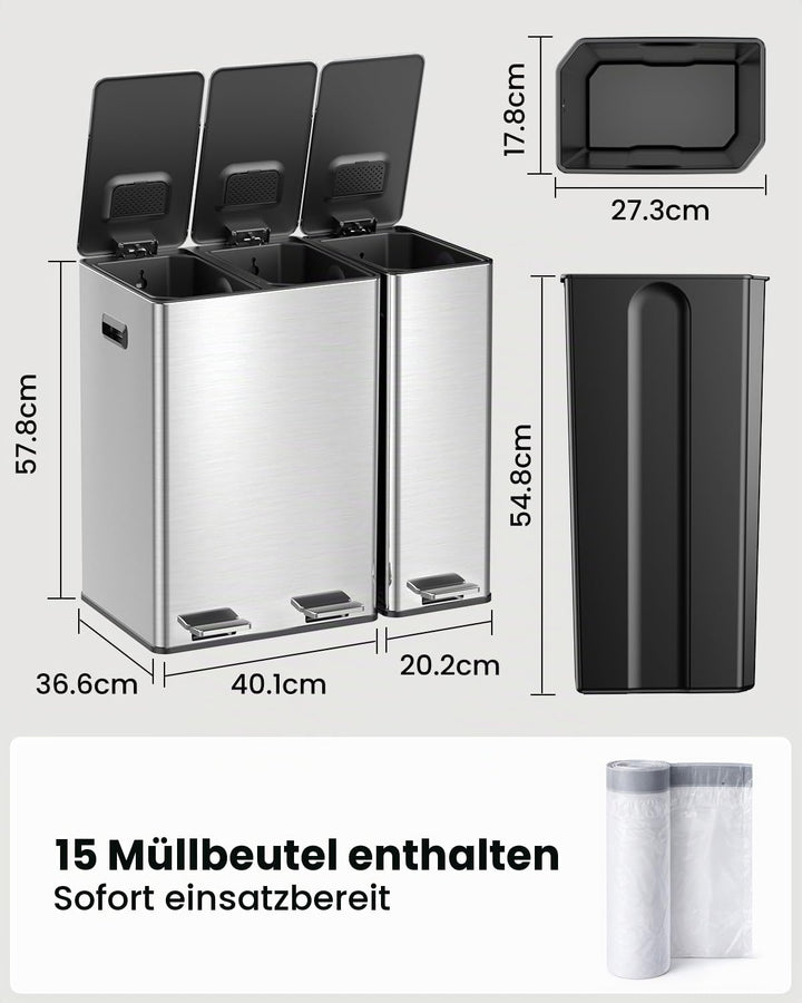 YEAUPE PRO Mülleimer Küche 60L (2x20L + 20L) 3 fächer Treteimer Edelstahl | Recycling Abfalleimer fü