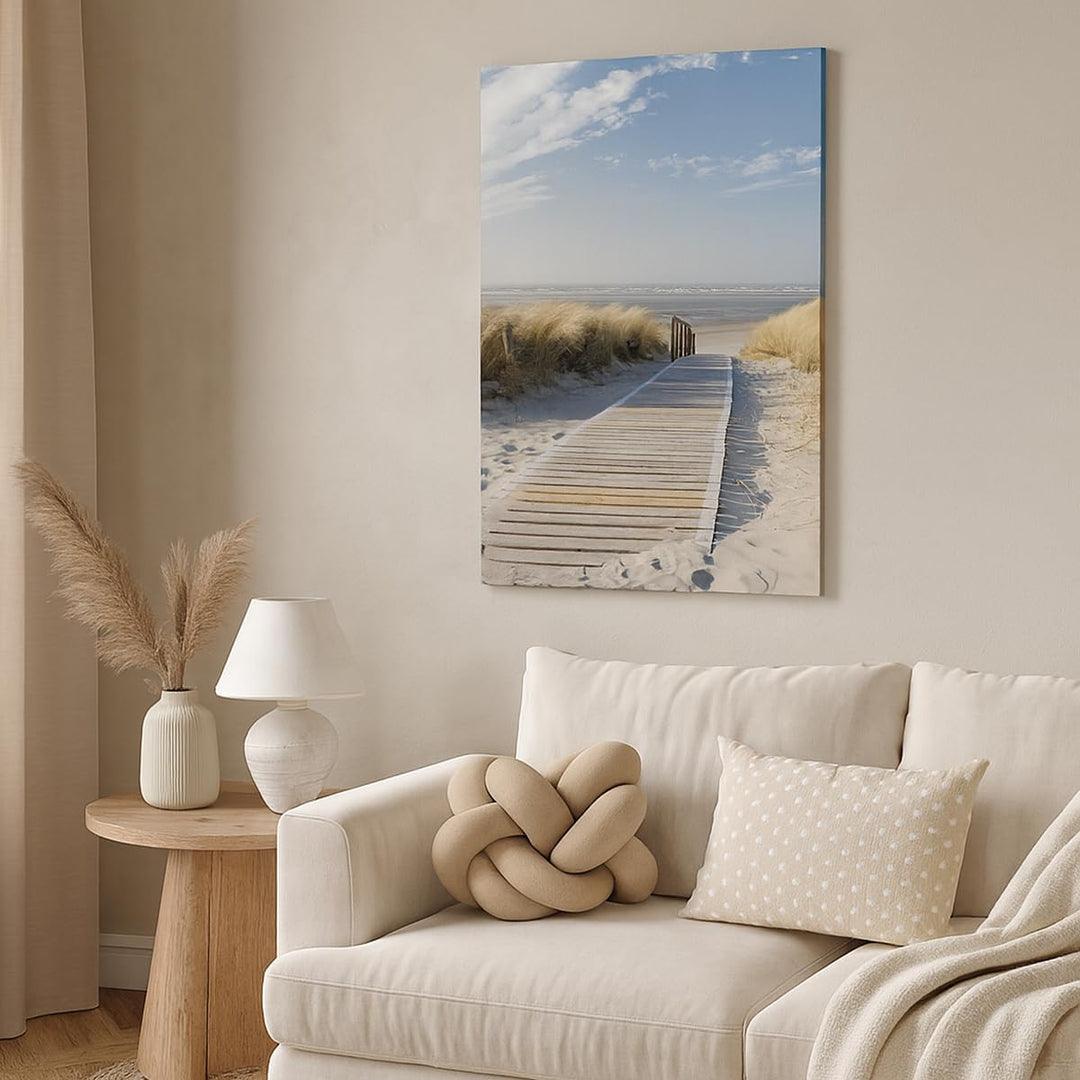 Bilder auf Leinwand 55x100cm Leinwandbild mit Rahmen Strand Meer Fussgängerbrücke Ufer Gross Wanddek
