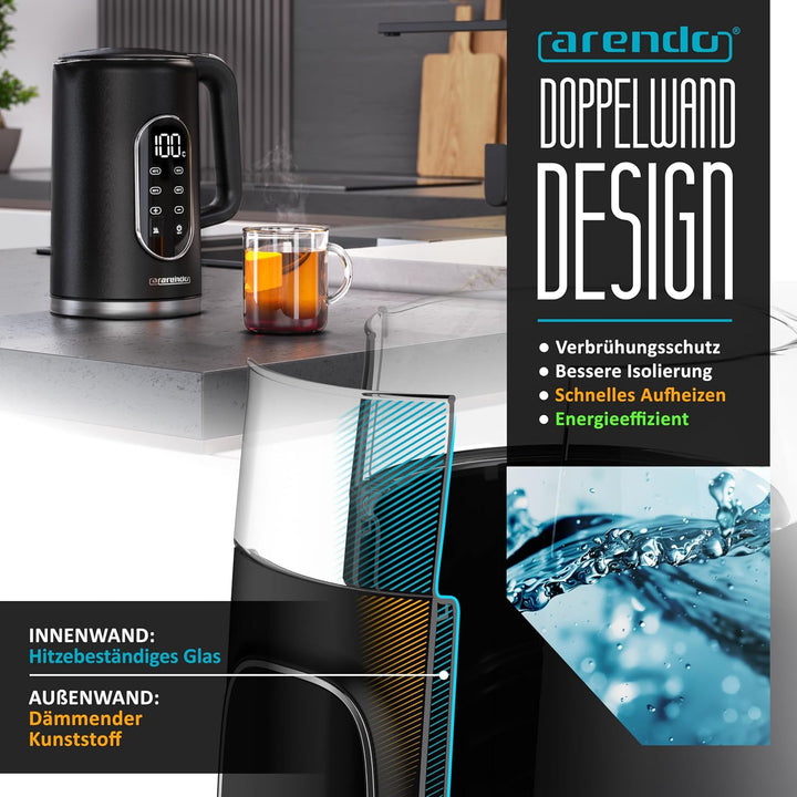 Arendo - Glas Wasserkocher mit Temperatureinstellung - Edelstahl - Doppelwand Design Cool Touch - Di