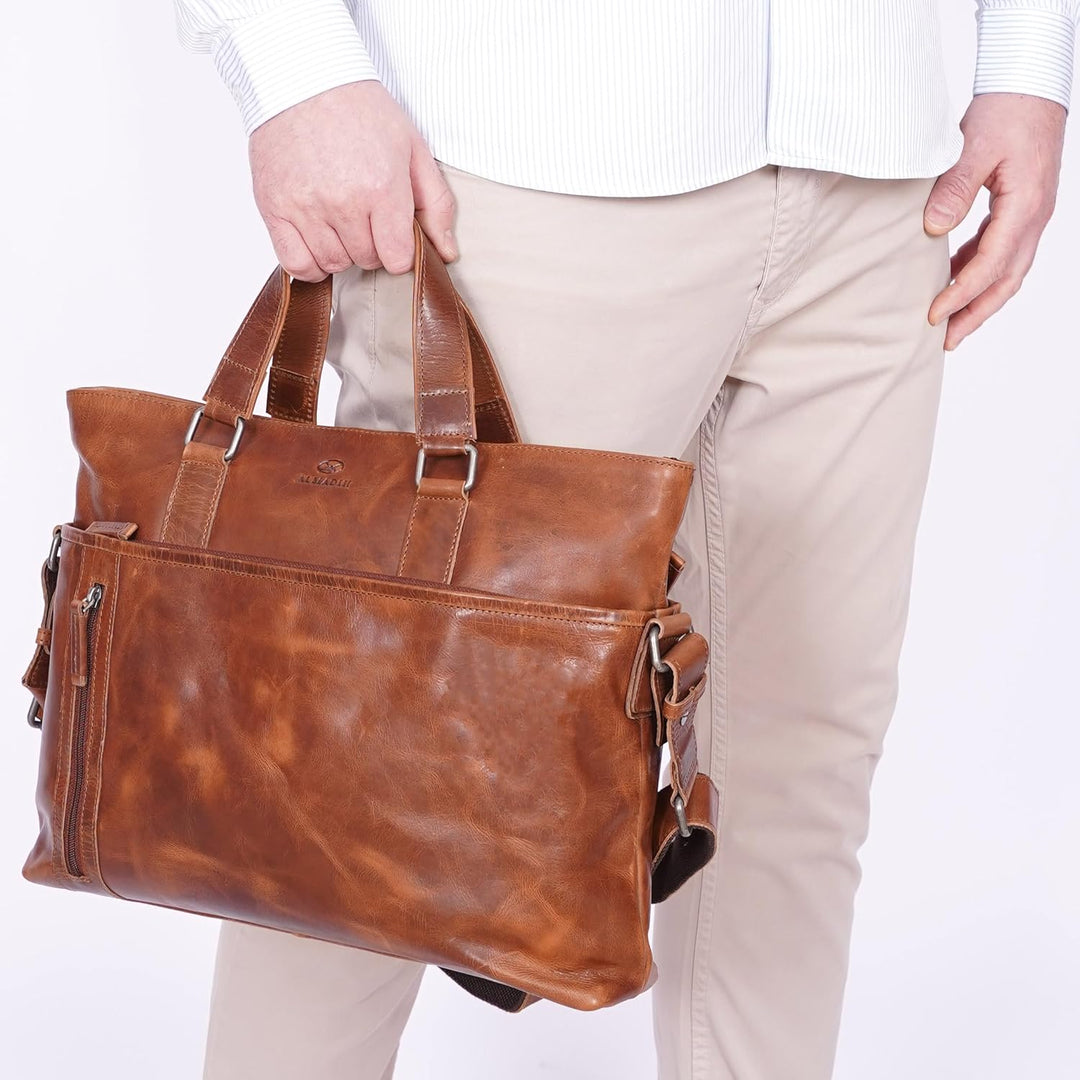 ALMADIH Leder Laptoptasche Aktentasche LEO Premium Rindsleder bd Business Tasche Umhängetasche Unita