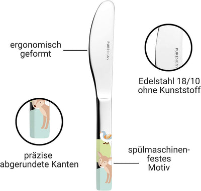 Puresigns WOODY Kindergeschirr Set 7-teilig - Edelstahl & Porzellan mit Waldtier-Motiven in Pastellf