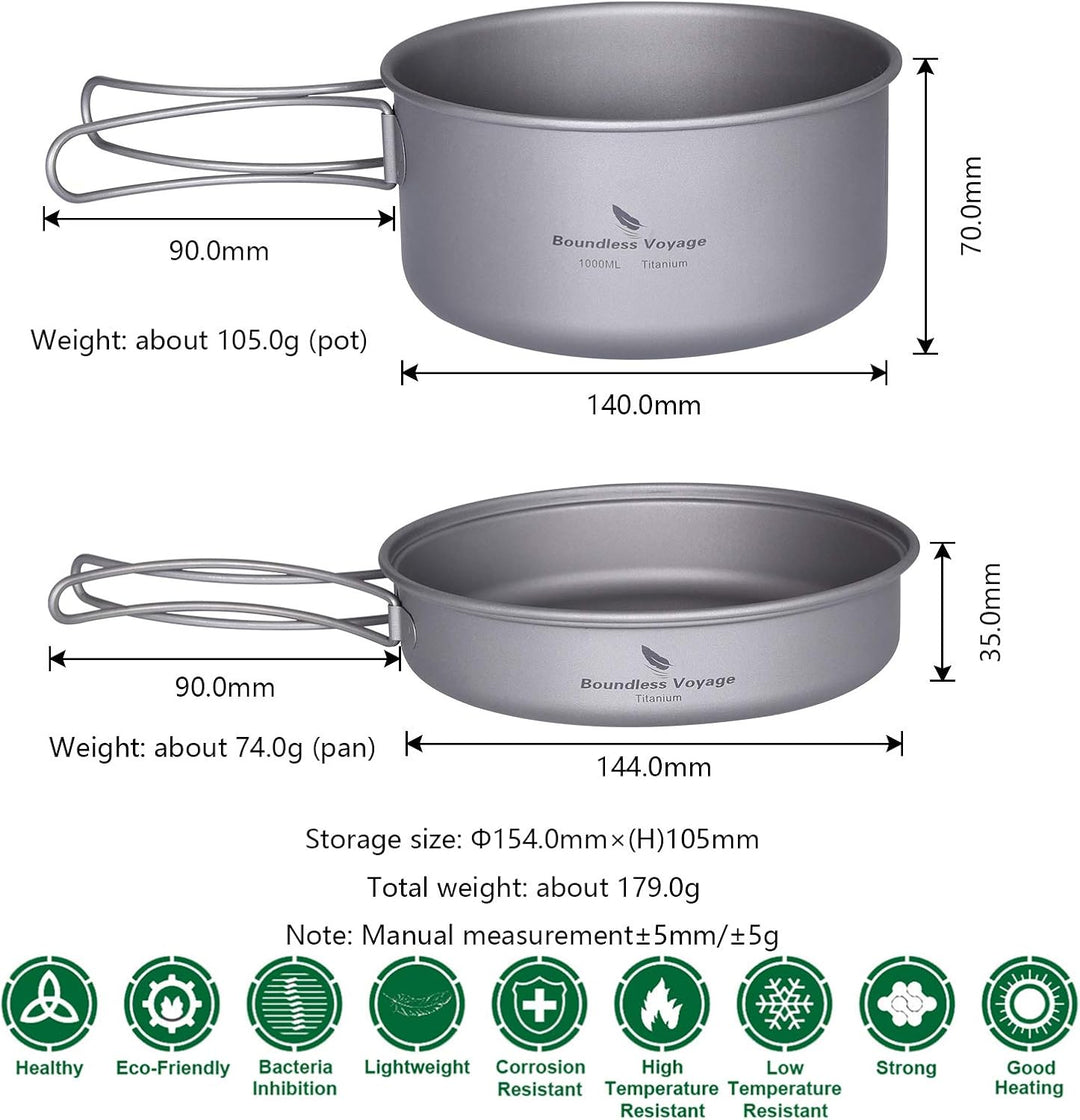 Boundless Voyage Outdoor 750ml 800ml 1100ml 1300ml Titantopf mit Deckel Folding Bail Griff Camping W
