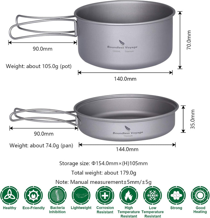 Boundless Voyage Outdoor 750ml 800ml 1100ml 1300ml Titantopf mit Deckel Folding Bail Griff Camping W