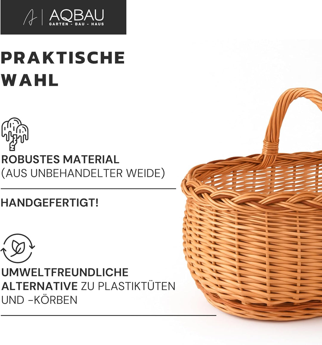 Weidenkorb mit Henkel gross – Einkaufskorb aus Naturweide mit Stoffeinlage (3 Designs) – Picknickkor