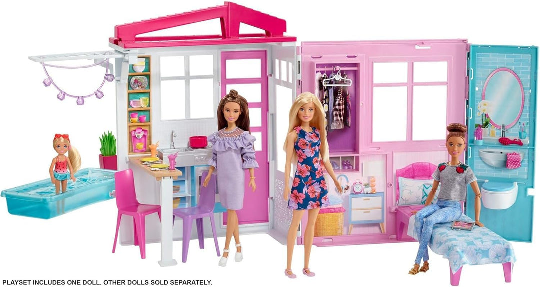 Barbie-Haus mit Küche, Schlafzimmer, Badezimmer, Pool, komplett eingerichtet Möbeln, verschliessbar