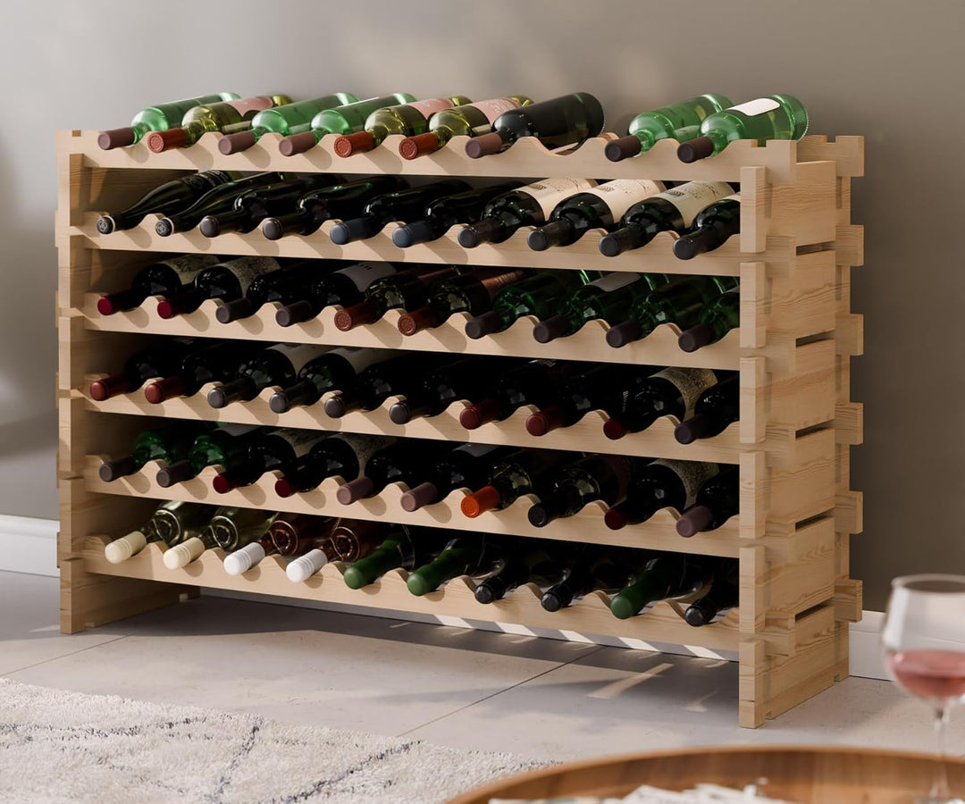 Lenmar RW-STK Weinregal aus Holz, 48-60 Flaschen Kapazität, 6 Ebenen, Farbe Beige, ideal für den Kel