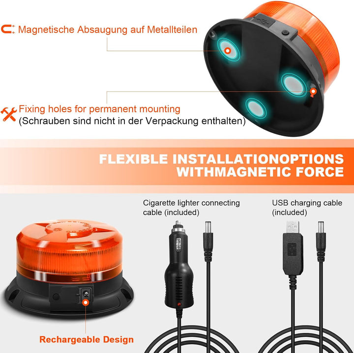 AnTom rundumleuchte akku 9 Blitzmuster 12V 24V Gelb Warnleuchte led magnet mit Autoladekabel und USB