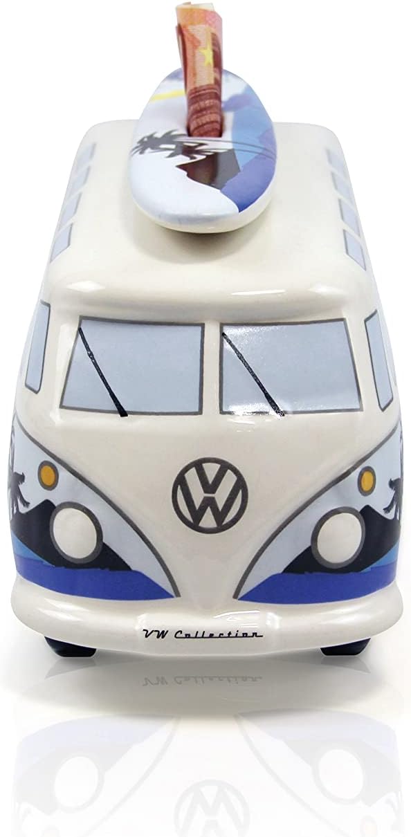BRISA VW Collection - Volkswagen Spar-Büchse-Schwein-Dose mit Surfbrett im T1 Bulli Bus Samba Design