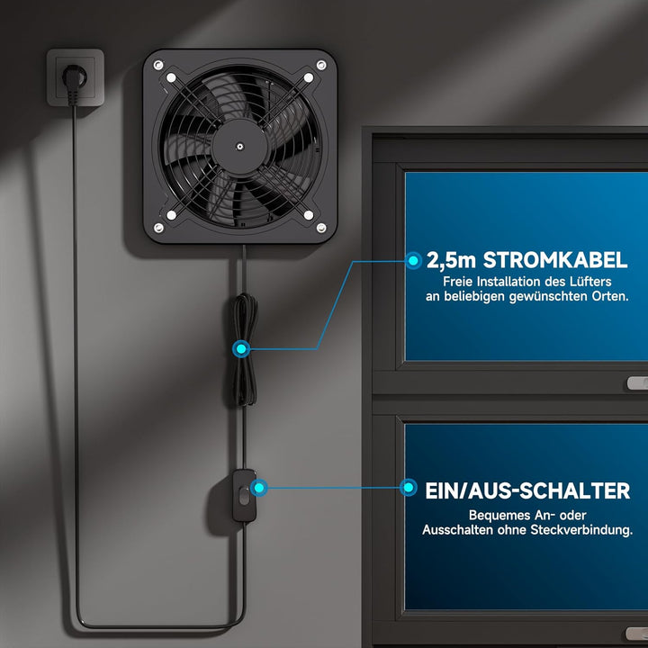 Hon&Guan Industriell Abluftventilator 200mm mit Schalter, Badlüfter Metal Leise mit Rücklaufklappe E