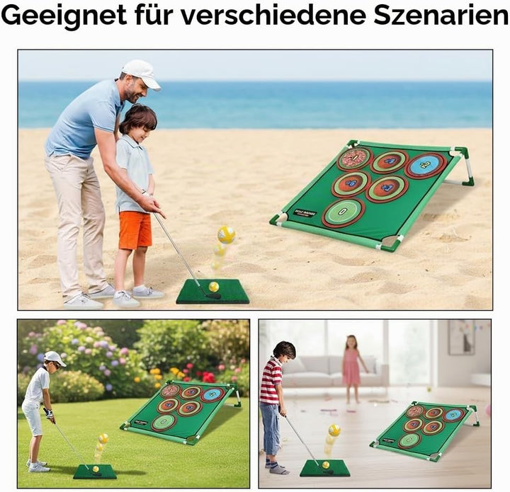 Golf Spielset für Zuhause mit Puttmatte, Klebebällen &amp; Tragetasche – Cornhole-Spiel für Garten, Juge