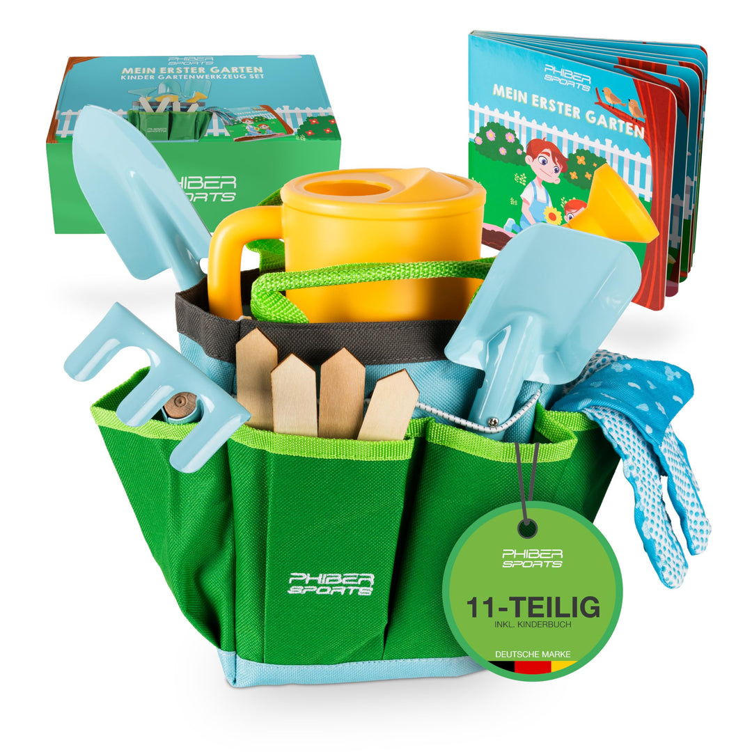 PHIBER-SPORTS Kinder Gartenwerkzeug Set (11 Teile) mit Kindergartenbuch - Gartengeräte für Kinder ab