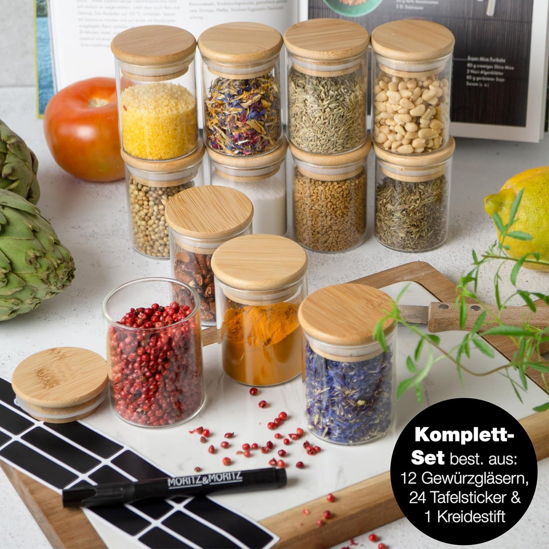 Moritz & Moritz 12 Gewürzgläser Set je 125ml - Gewürzdosen Glas inkl. Tafelsticker & Kreidestift – L