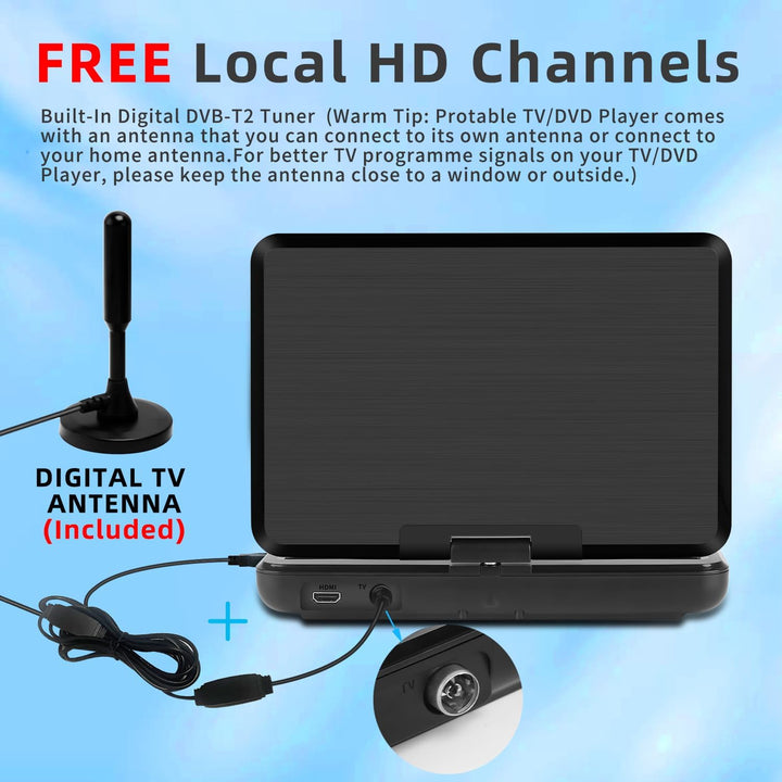 KCR Tragbarer DVD-Player, 25,7 cm (10,1 Zoll), eingebauter TV, DVB-T2 mit schwenkbarem LED-Bildschir